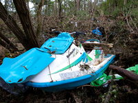 A jet ski sits in the woods in Chilhowie, Virginia on September 30, 2024 after Hurricane Helene flooded the South Fork Holston River several...