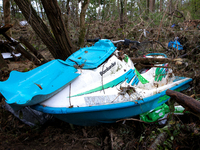 A jet ski sits in the woods in Chilhowie, Virginia on September 30, 2024 after Hurricane Helene flooded the South Fork Holston River several...