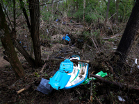 A jet ski sits in the woods in Chilhowie, Virginia on September 30, 2024 after Hurricane Helene flooded the South Fork Holston River several...