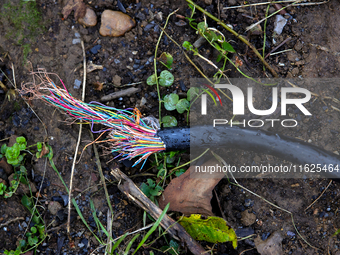 A telecommunications cable lays severed on the ground in Chilhowie, Virginia on September 30, 2024, after Hurricane Helene caused widespread...