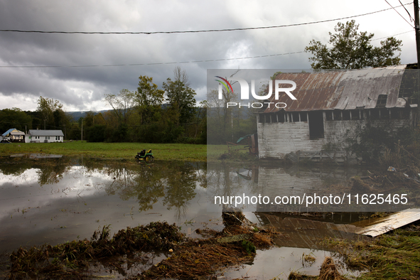 A rural property is flooded in Chilhowie, Virginia on September 30, 2024, after Hurricane Helene caused widespread in the region. 