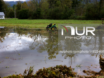 A rural property is flooded in Chilhowie, Virginia on September 30, 2024, after Hurricane Helene caused widespread in the region. (