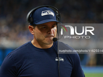 DETROIT,MICHIGAN-September 30: Seattle Seahawks head coach Mike Macdonald is seen during the second half of an NFL football game between the...