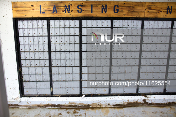 Mud covers the floor of the U.S. Post Office in Lansing, North Carolina on September 30, 2024 after Hurricane Helene caused widespread damag...