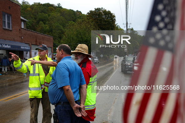 Volunteers collect donations at the Lansing Volunteer Fire Department in Lansing, North Carolina on September 30, 2024, after Hurricane Hele...