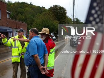 Volunteers collect donations at the Lansing Volunteer Fire Department in Lansing, North Carolina on September 30, 2024, after Hurricane Hele...