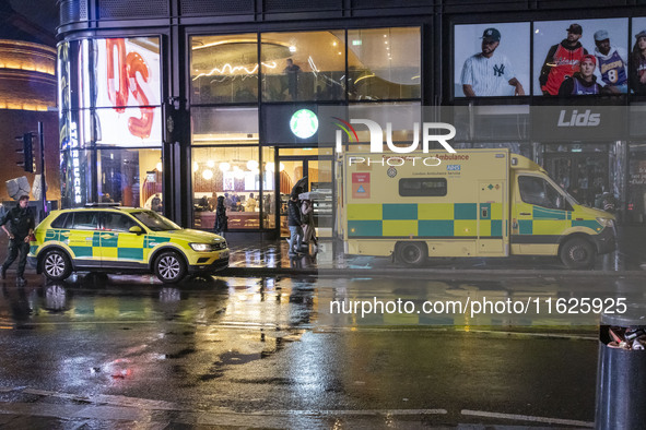 Ambulance in London. Emergency Services Ambulance Vehicle of NHS London Ambulance Service spotted during the night in the streets of Soho in...