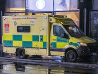 Ambulance in London. Emergency Services Ambulance Vehicle of NHS London Ambulance Service spotted during the night in the streets of Soho in...