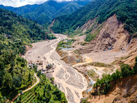 The aerial view shows the flood-affected areas of the Nakhu River in the Tikabhairab region of southern Lalitpur, Nepal, on October 01, 2024...