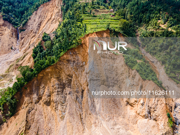 The aerial view shows the flood-affected areas of the Nakhu River in the Tikabhairab region of southern Lalitpur, Nepal, on October 01, 2024...