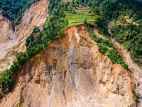 The aerial view shows the flood-affected areas of the Nakhu River in the Tikabhairab region of southern Lalitpur, Nepal, on October 01, 2024...