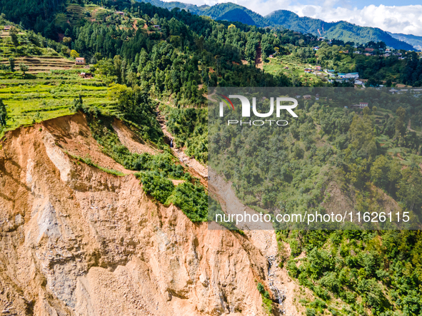 The aerial view shows the flood-affected areas of the Nakhu River in the Tikabhairab region of southern Lalitpur, Nepal, on October 01, 2024...