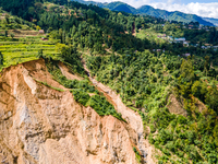 The aerial view shows the flood-affected areas of the Nakhu River in the Tikabhairab region of southern Lalitpur, Nepal, on October 01, 2024...