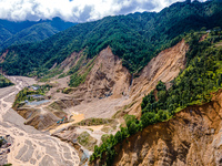 The aerial view shows the flood-affected areas of the Nakhu River in the Tikabhairab region of southern Lalitpur, Nepal, on October 01, 2024...