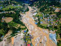 The aerial view shows the flood-affected areas of the Nakhu River in the Tikabhairab region of southern Lalitpur, Nepal, on October 1, 2024....