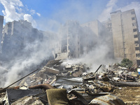 The destruction at the site of an overnight Israeli airstrike on the Laylaki, Harat Hreik, and Sant Tares neighborhoods in Beirut's southern...