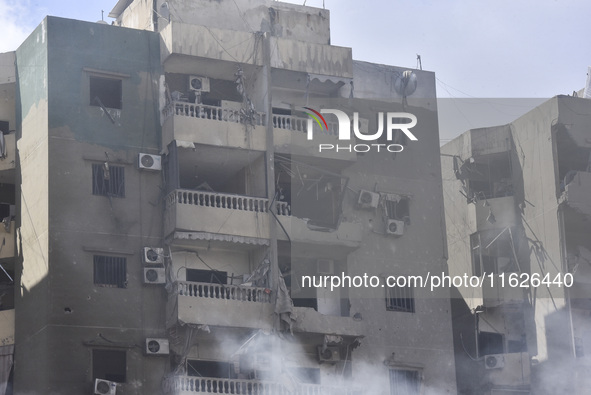 The destruction at the site of an overnight Israeli airstrike on the Laylaki, Harat Hreik, and Sant Tares neighborhoods in Beirut's southern...