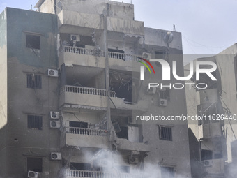 The destruction at the site of an overnight Israeli airstrike on the Laylaki, Harat Hreik, and Sant Tares neighborhoods in Beirut's southern...