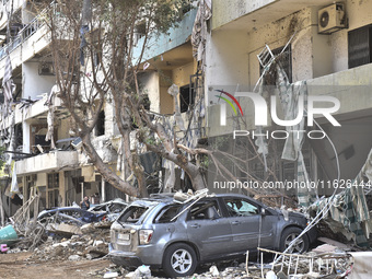 The destruction at the site of an overnight Israeli airstrike on the Laylaki, Harat Hreik, and Sant Tares neighborhoods in Beirut's southern...