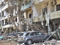 The destruction at the site of an overnight Israeli airstrike on the Laylaki, Harat Hreik, and Sant Tares neighborhoods in Beirut's southern...