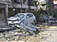 The destruction at the site of an overnight Israeli airstrike on the Laylaki, Harat Hreik, and Sant Tares neighborhoods in Beirut's southern...