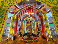 A Goddess Durga idol is seen at a Pandal, a temporary place of worship, at a shopping mall in Kolkata, India, on October 1, 2024. (