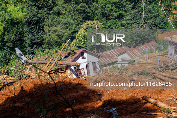 Nakhu River flooding damages homes in the Tikabhairab region of southern Lalitpur, Nepal, on October 1, 2024. Homes are severely damaged, wi...