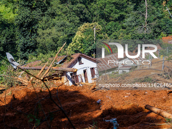 Nakhu River flooding damages homes in the Tikabhairab region of southern Lalitpur, Nepal, on October 1, 2024. Homes are severely damaged, wi...