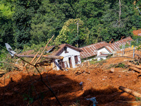 Nakhu River flooding damages homes in the Tikabhairab region of southern Lalitpur, Nepal, on October 1, 2024. Homes are severely damaged, wi...