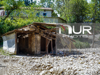 Nakhu River flooding damages homes in the Tikabhairab region of southern Lalitpur, Nepal, on October 1, 2024. Homes are severely damaged, wi...