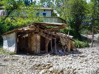 Nakhu River flooding damages homes in the Tikabhairab region of southern Lalitpur, Nepal, on October 1, 2024. Homes are severely damaged, wi...