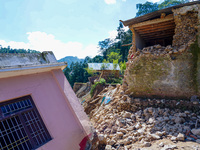 Nakhu River flooding damages homes in the Tikabhairab region of southern Lalitpur, Nepal, on October 1, 2024. Homes are severely damaged, wi...