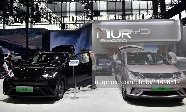 People visit the BYD booth at the 2024 Hefei International New Energy Vehicle Exhibition in Hefei, China, on October 1, 2024. 