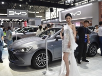 People visit the BYD booth at the 2024 Hefei International New Energy Vehicle Exhibition in Hefei, China, on October 1, 2024. (