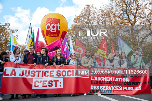 Demonstrators took part in a protest organized by the CGT union for strike action, demanding the repeal of the pension reform and higher wag...