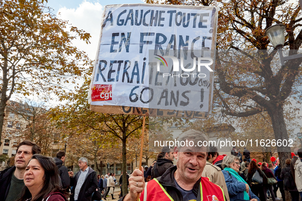 Demonstrators took part in a protest organized by the CGT union for strike action, demanding the repeal of the pension reform and higher wag...