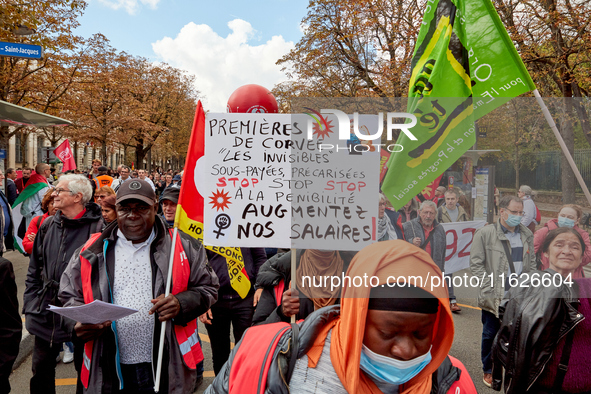 Demonstrators took part in a protest organized by the CGT union for strike action, demanding the repeal of the pension reform and higher wag...