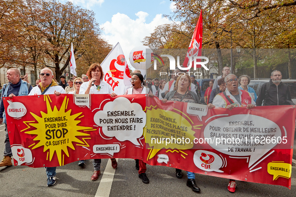 Demonstrators took part in a protest organized by the CGT union for strike action, demanding the repeal of the pension reform and higher wag...