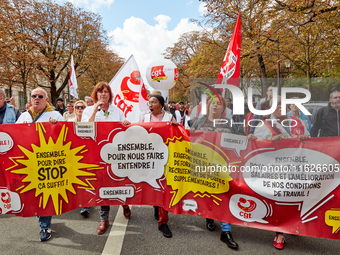 Demonstrators took part in a protest organized by the CGT union for strike action, demanding the repeal of the pension reform and higher wag...