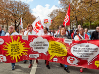 Demonstrators took part in a protest organized by the CGT union for strike action, demanding the repeal of the pension reform and higher wag...