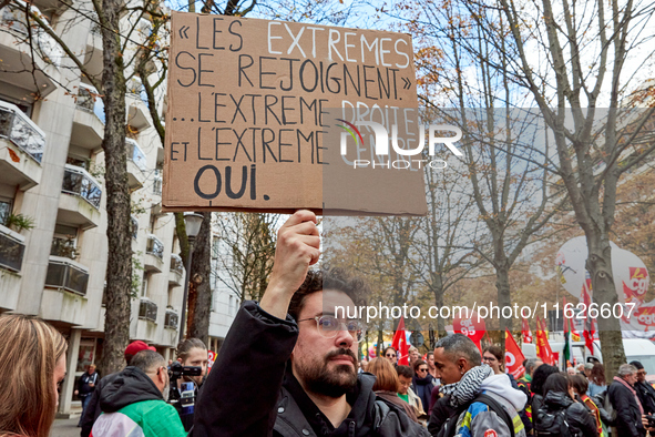 Demonstrators took part in a protest organized by the CGT union for strike action, demanding the repeal of the pension reform and higher wag...