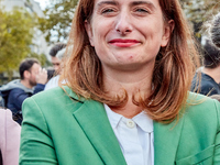 Marine Tondelier, France's National Secretary of Les Ecologistes-EELV, was seen participating in a protest organized by the CGT union for st...