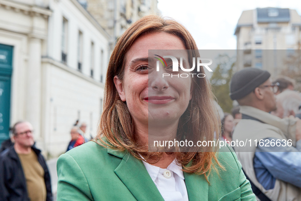 Marine Tondelier, France's National Secretary of Les Ecologistes-EELV, was seen participating in a protest organized by the CGT union for st...