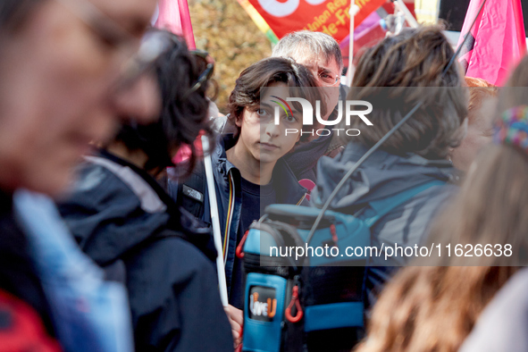 Manes Nadel, President of the National Union of Secondary Students (Union Syndicale Lyceenne - USL), was seen during a protest organized by...