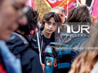 Manes Nadel, President of the National Union of Secondary Students (Union Syndicale Lyceenne - USL), was seen during a protest organized by...