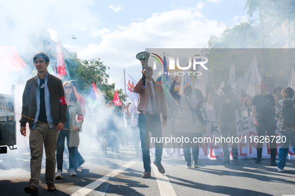 Student procession demonstrates against Michel Barnier's government, in Paris, France, on October 1, 2024.  