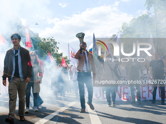 Student procession demonstrates against Michel Barnier's government, in Paris, France, on October 1, 2024.  (