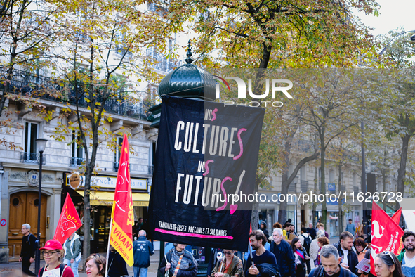 Arts and culture workers also demonstrate during the inter-professional strike day against the policies of Michel Barnier and Emmanuel Macro...