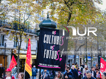 Arts and culture workers also demonstrate during the inter-professional strike day against the policies of Michel Barnier and Emmanuel Macro...