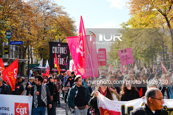 Protesters take part in the interprofessional strike day against the policies of Michel Barnier and Emmanuel Macron, in Paris, France, on Oc...